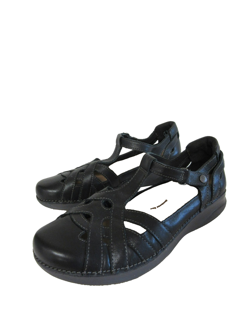 CLARKS Women's Leather Caged Black T-Strap 8 1/2M Comfort Casual Work Shoes